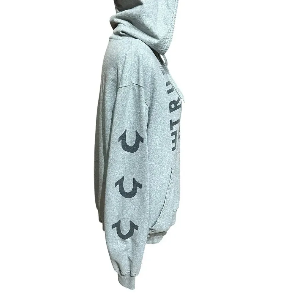 True Religion Men’s L Grey Hoodie Hooded Gym Sweatshirt Big LOGO Buddha Spellout